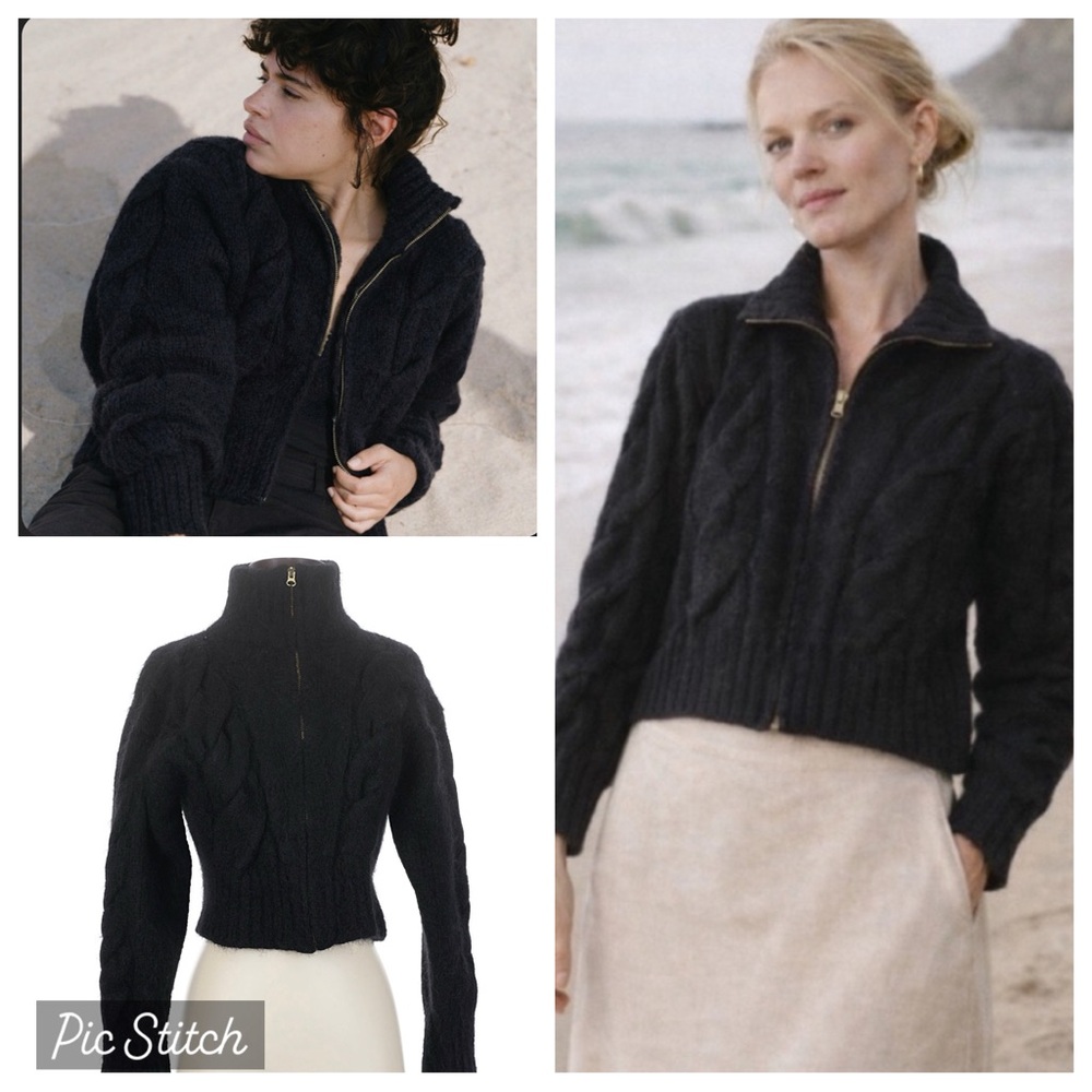 Ozma Finley Zip Up Crop Sweater - Baby Alpaca - Cable Knit - Black - XS/S
